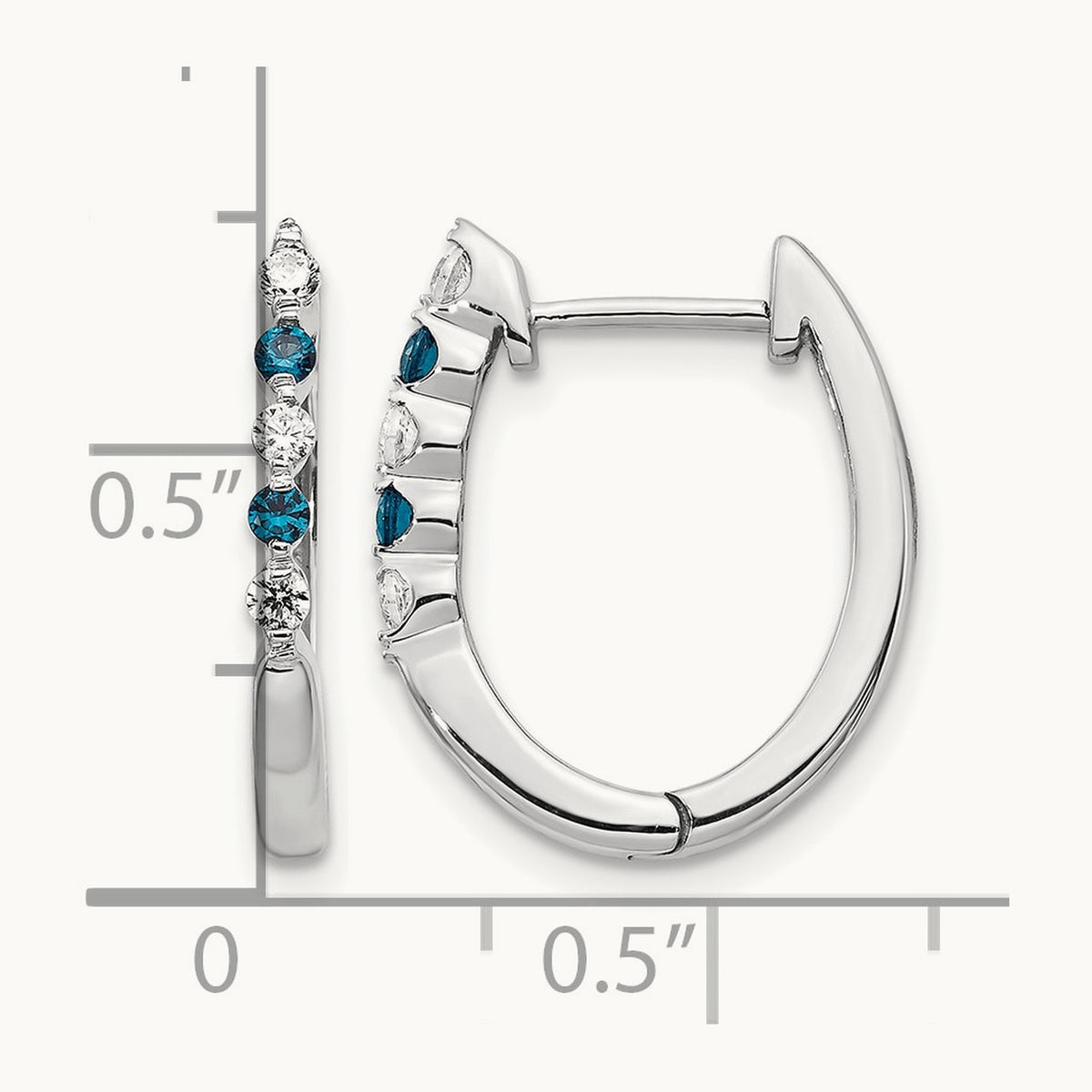 Blue/White Diamond Hinged Hoop Earrings, 14K White Gold