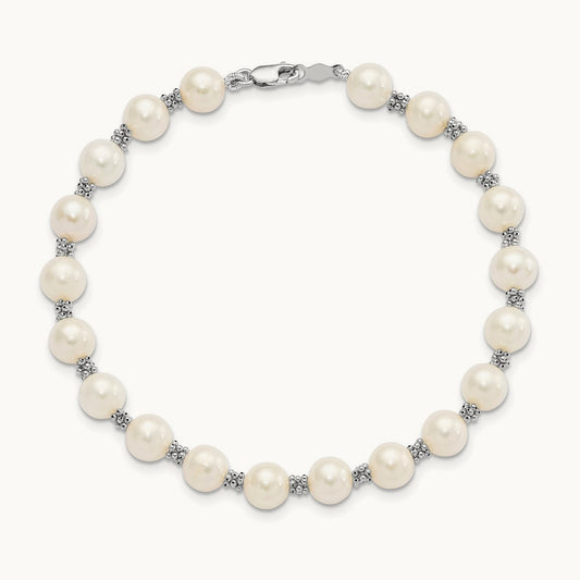 6- White Semi-round Freshwater Cultured Pearl Bracelet, 7mm, 14K White Gold