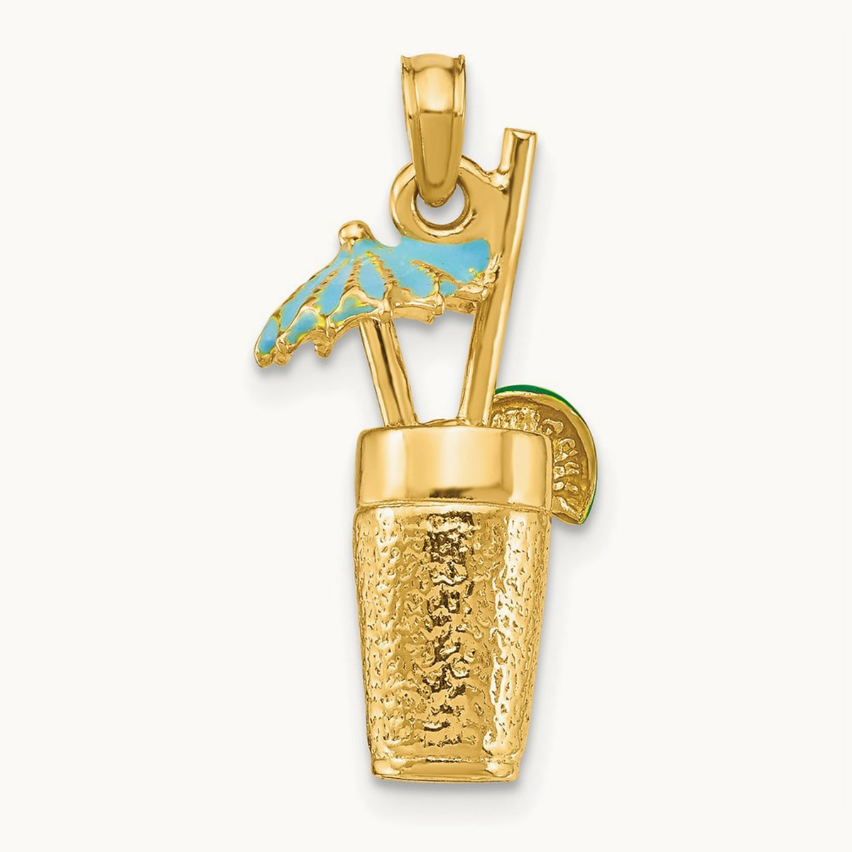 3-D Cocktail Drink w/ Enamel Umbrella and Lime Charm, 14K