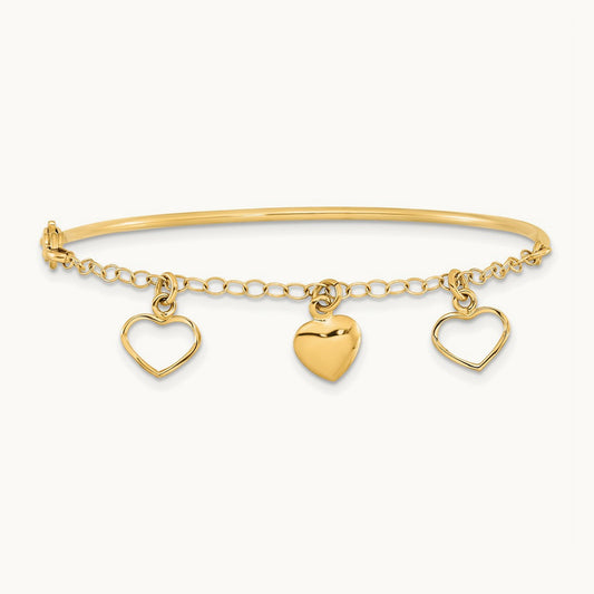 Polished Dangle Heart Chain Bangle, 14K