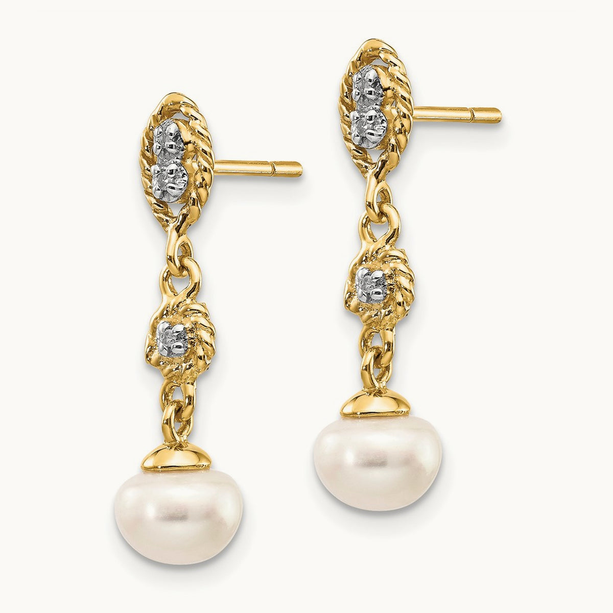 w/Rhodium 6- Semi-round FWC Pearl .02ct Diamond Earrings, 7mm, 14K