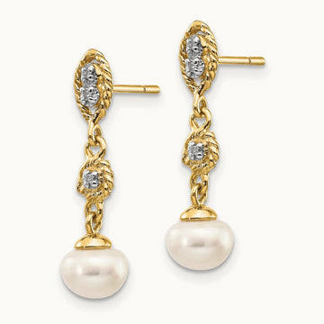 w/Rhodium 6- Semi-round FWC Pearl .02ct Diamond Earrings, 7mm, 14K