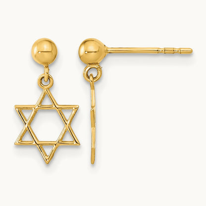 Polished Star of David Post Dangle Earrings — 14K Yellow Gold
