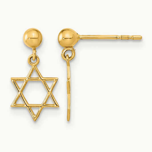 Polished Star of David Post Dangle Earrings — 14K Yellow Gold