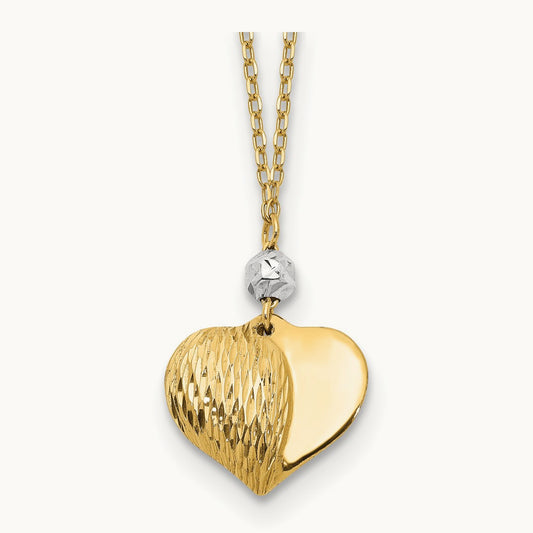 Polished D/C Puffed Heart 16 inch Necklace, 14K Two Tone
