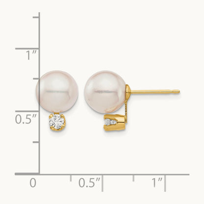 8- White Round Saltwater Akoya Cultured Pearl Diamond Post Earrings, 9mm, 14K