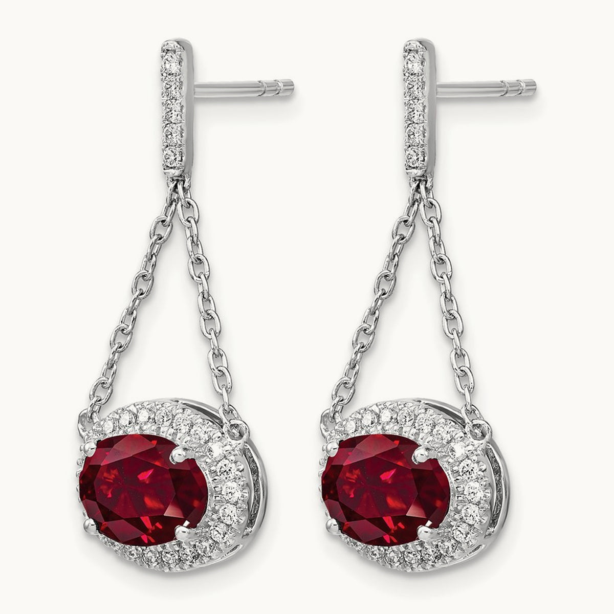 Oval Created Ruby and Diamond Dangle Earrings — photo set