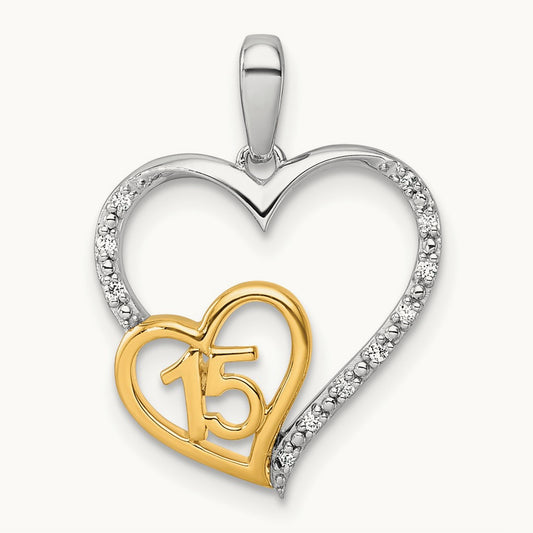 Polished Diamond Quinceanera Heart Pendant, 14K Two-tone