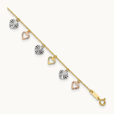 Tri-Color Heart 9in Plus 1in ext Anklet, 14K