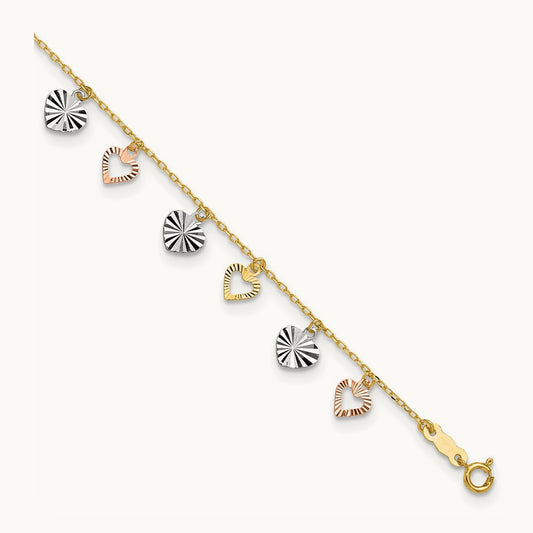 Tri-Color Heart 9in Plus 1in ext Anklet, 14K