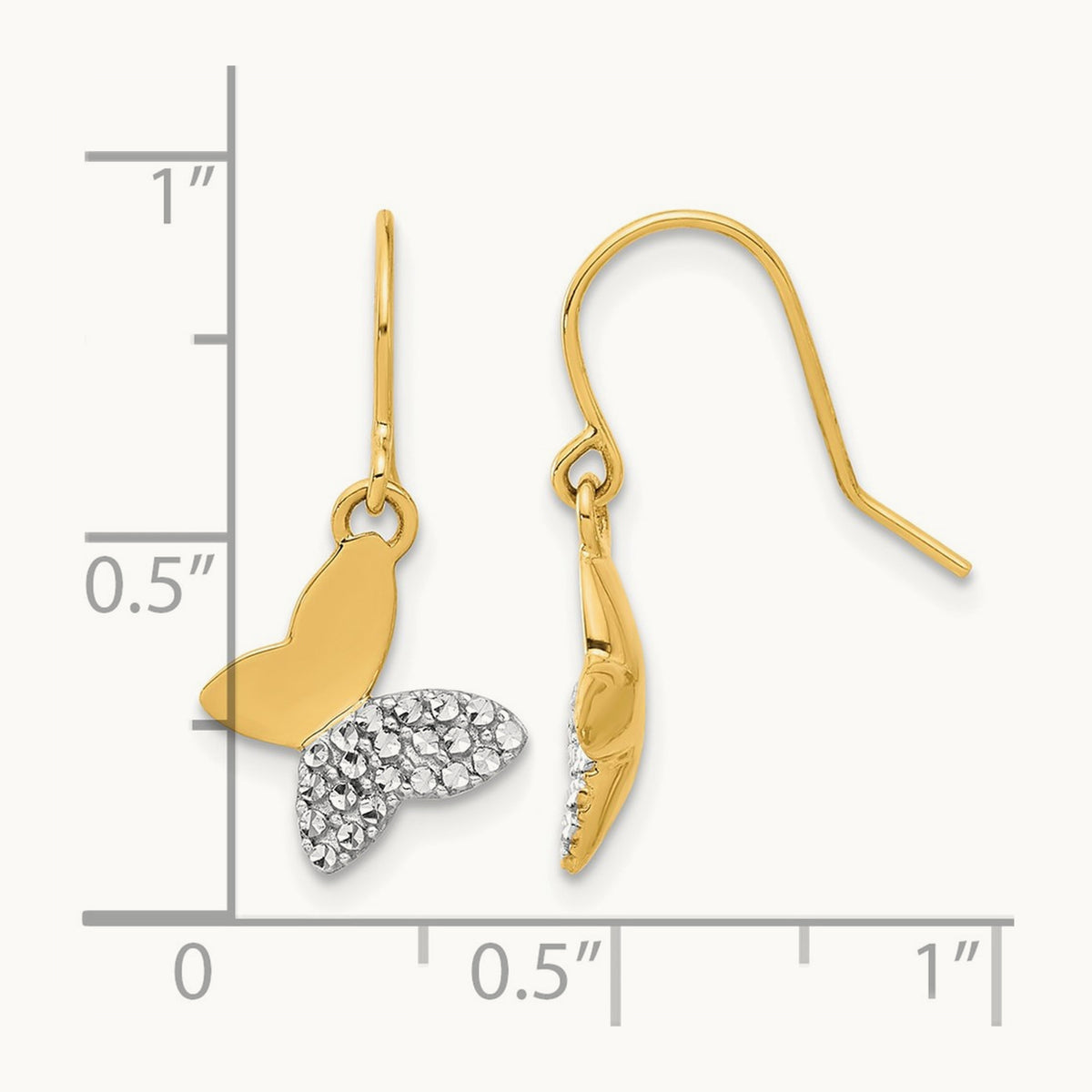 D/C Butterfly Dangle Earrings, 14K with White Rhodium