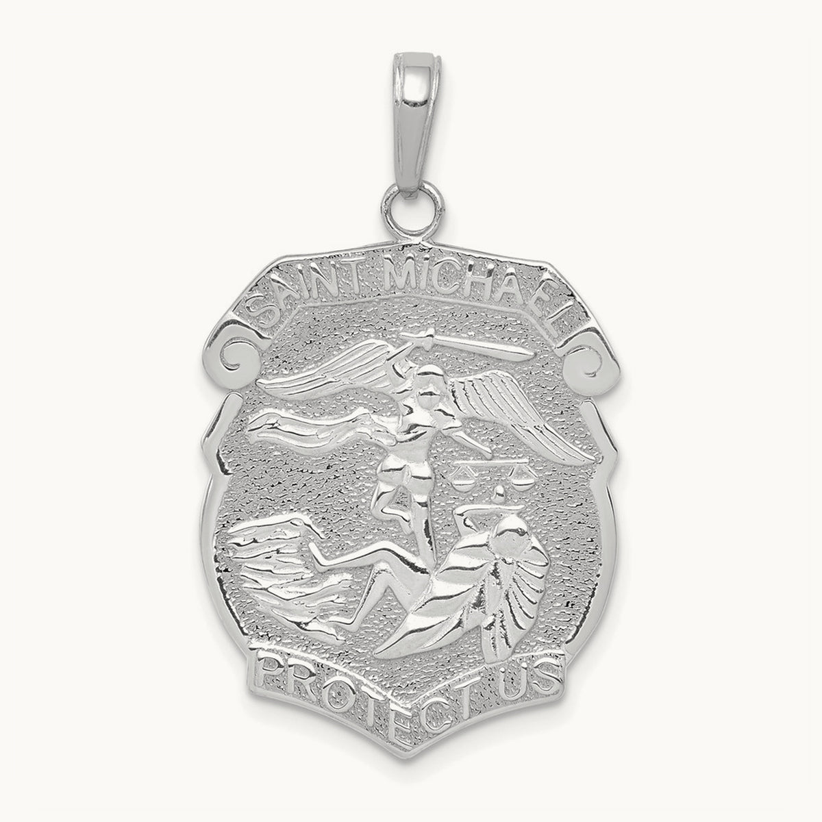 Polished Large Saint Michael Protect Us Medal Pendant — 14K White Gold