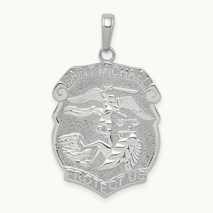 Polished Large Saint Michael Protect Us Medal Pendant — 14K White Gold