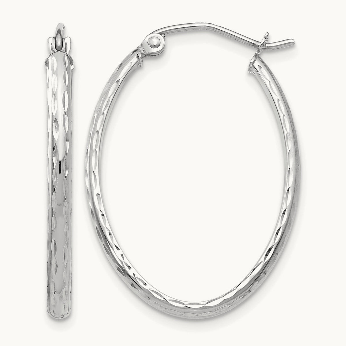 Lightweight Diamond-cut Oval Hoop Earrings — 14K White Gold, 20.5mm