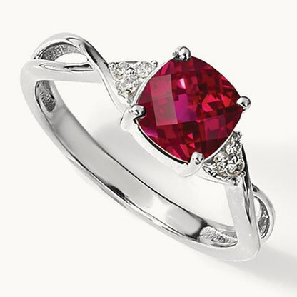 Checkerboard Created Ruby and Lab-Grown Diamond Ring — 14K White Gold, 7