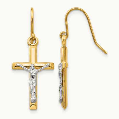 Polished Crucifix Earrings, 14K Two-tone