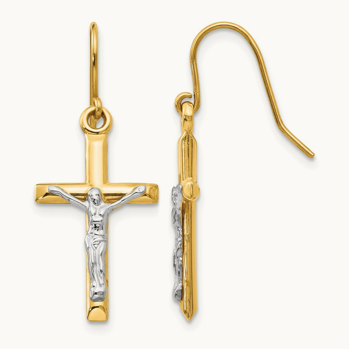 Polished Crucifix Earrings, 14K Two-tone