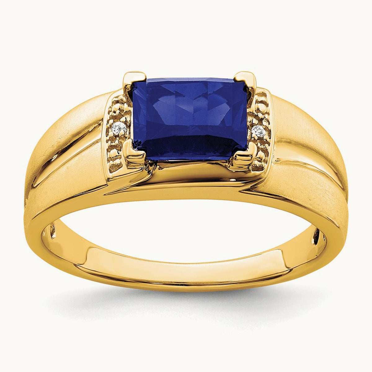 Emerald-cut Created Sapphire and Diamond Mens Ring, 14K