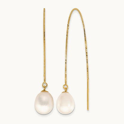 7- White Teardrop FW Cultured Pearl Box Chain Threader Earrings, 8mm, 14K