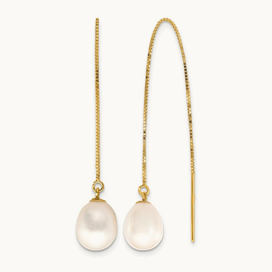 7- White Teardrop FW Cultured Pearl Box Chain Threader Earrings, 8mm, 14K