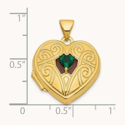 Polished Lab Created Emerald May Birthstone Heart Locket, 18mm, 14K