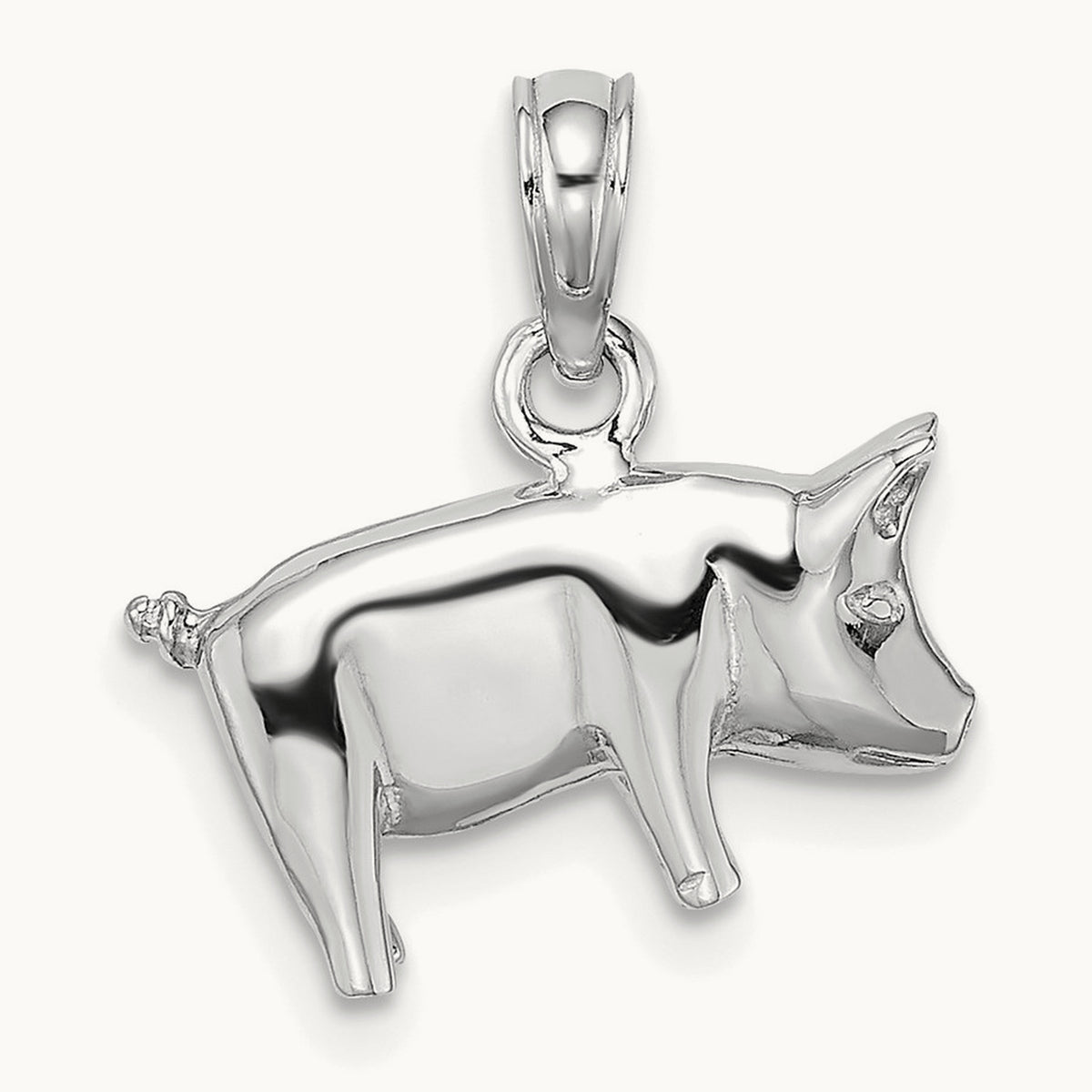 3-D Polished Pig with Curly Tail Charm — 14K White Gold