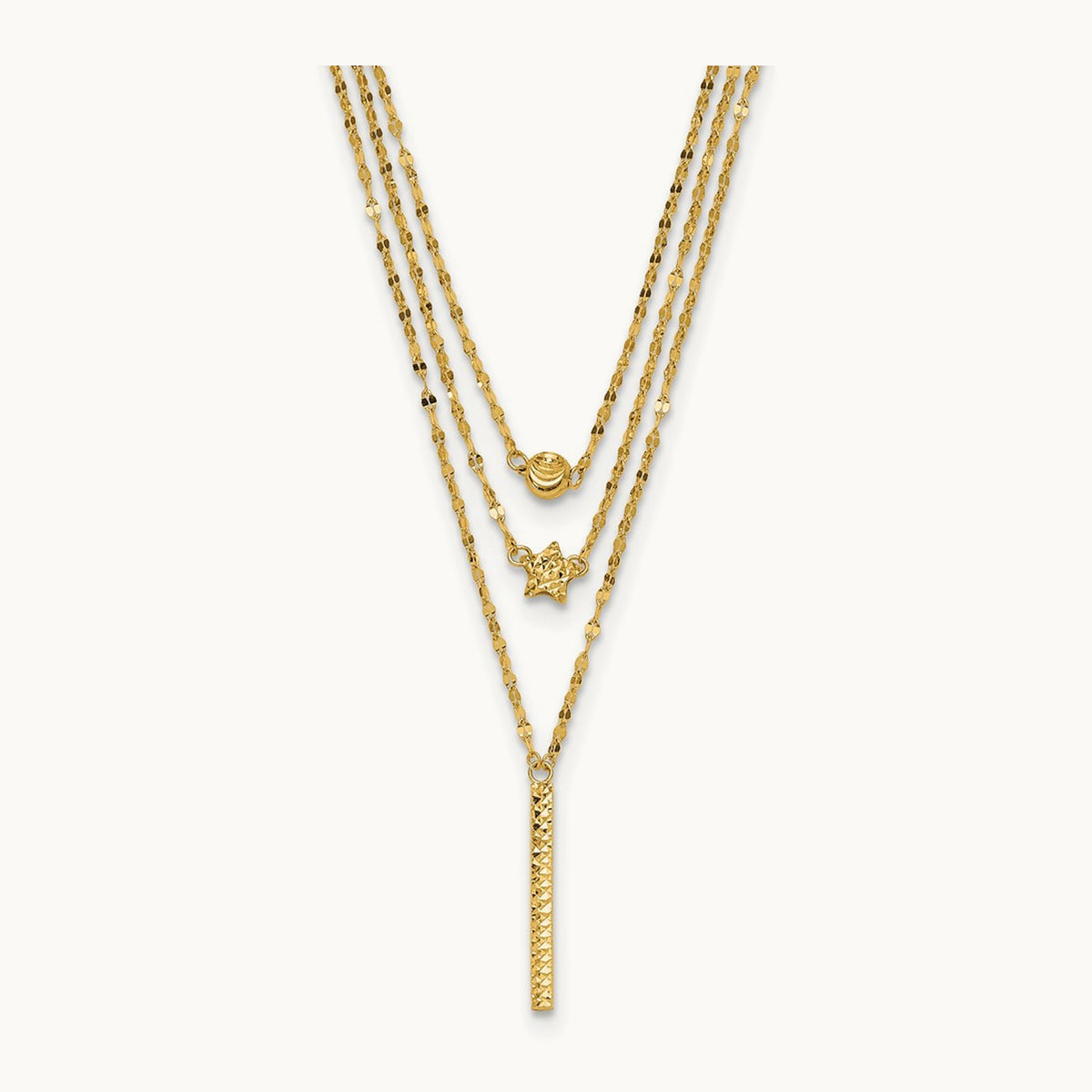 Three Layer D/C Bead/Star/Bar Necklace, 14K