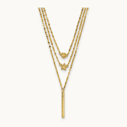 Three Layer D/C Bead/Star/Bar Necklace, 14K