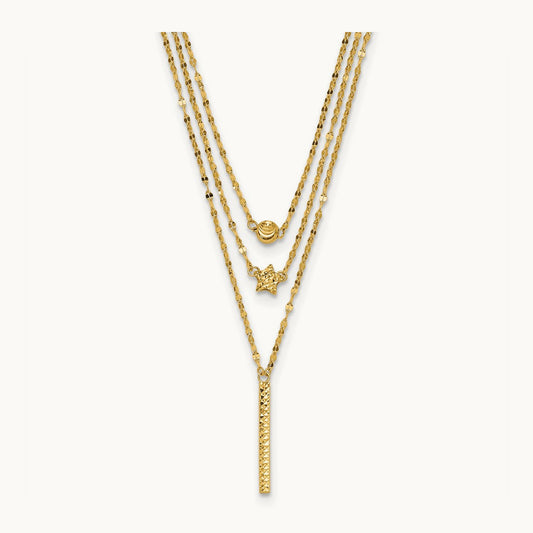 Three Layer D/C Bead/Star/Bar Necklace, 14K