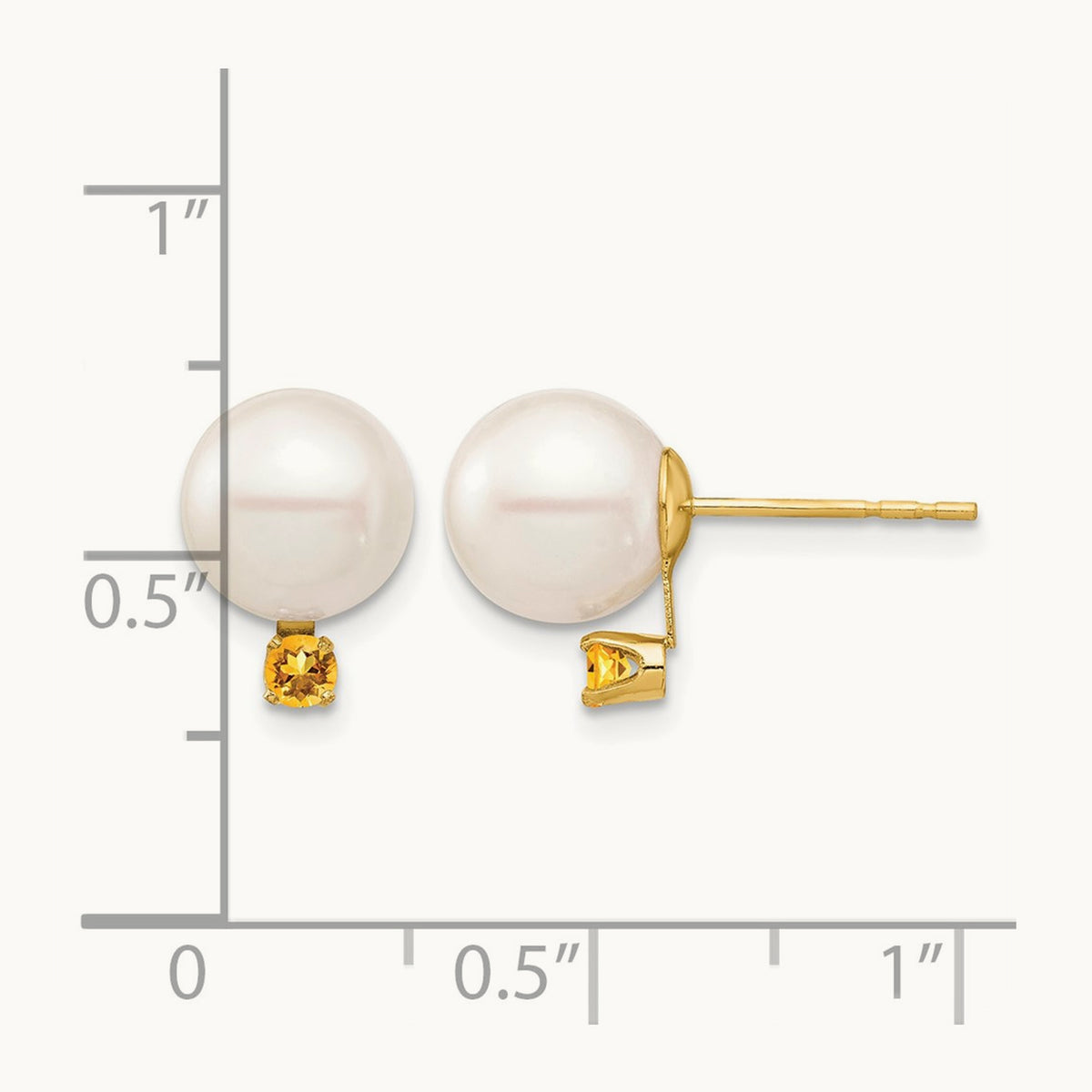 8- White Round Freshwater Cultured Pearl Citrine Post Earrings, 8.5mm, 14K