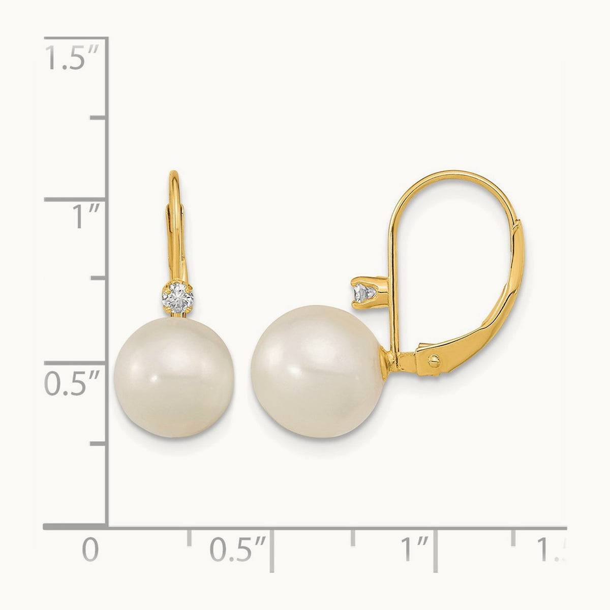 9- White Round FWC Pearl .10ct Diamond Leverback Earrings, 9.5mm, 14K