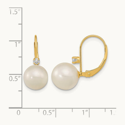9- White Round FWC Pearl .10ct Diamond Leverback Earrings, 9.5mm, 14K
