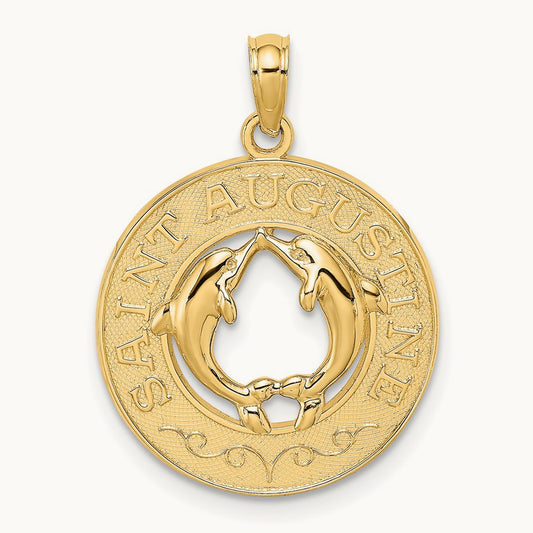 SAINT AUGUSTINE w/Dolphins Circle Charm, 14K