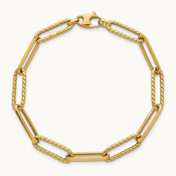 Polished and Textured 7.5in Paperclip Link Bracelet, 14K