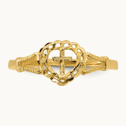Diamond-Cut Childs Heart & Cross Ring, 14K