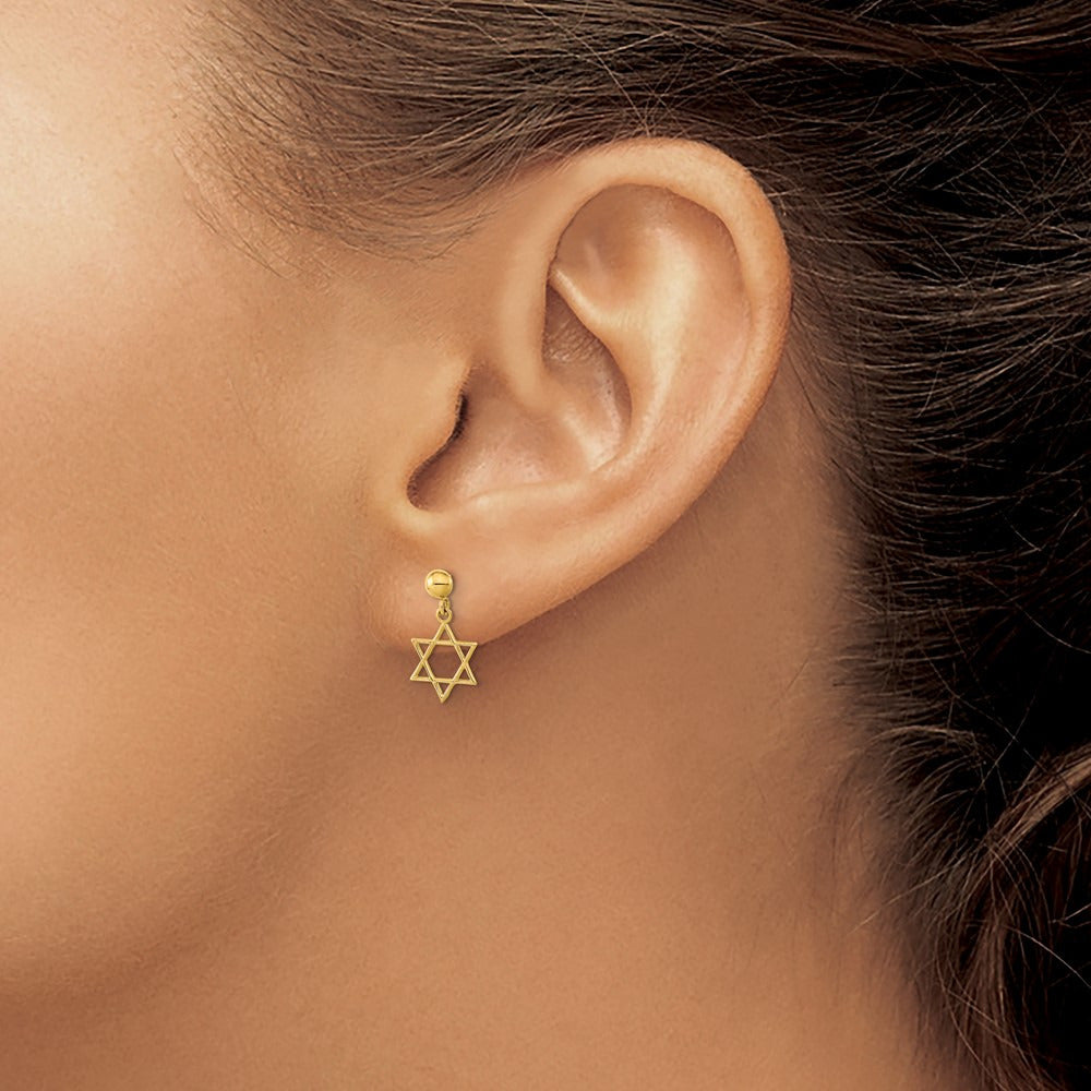 Polished Star of David Post Dangle Earrings — 14K Yellow Gold