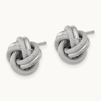Polished Textured Double Love Knot Post Earrings — 14K White Gold