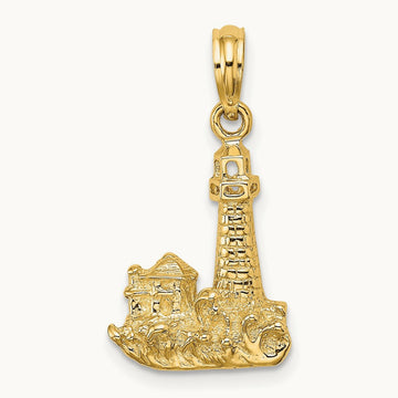 2-D Lighthouse W/ Waves and Buildings Charm, 14K