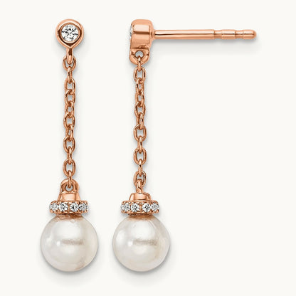 Polished Diamond and Pearl Chain Dangle Post Earrings, 14K Rose Gold