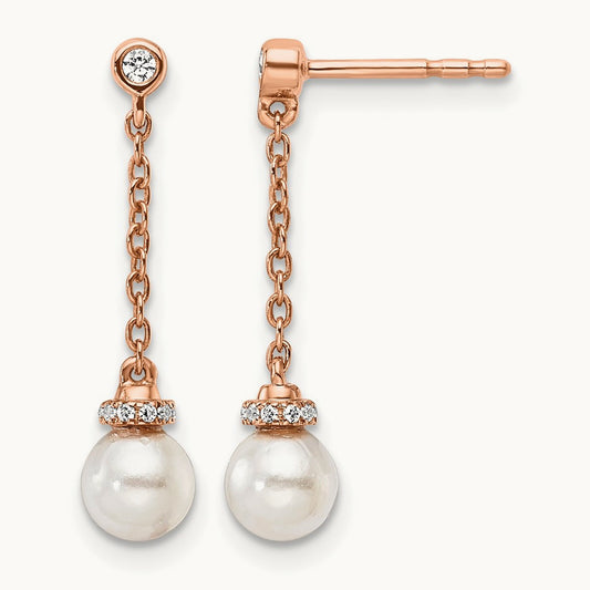 Polished Diamond and Pearl Chain Dangle Post Earrings, 14K Rose Gold