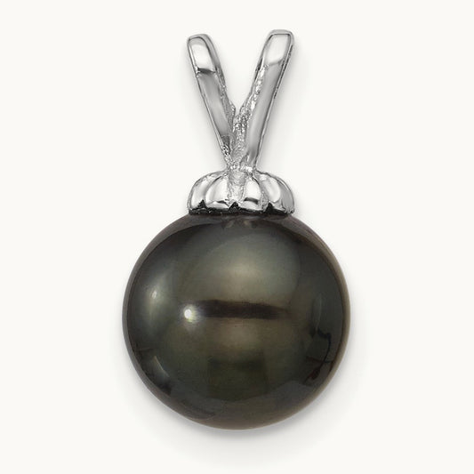 8- Round Black Saltwater Tahitian Pearl Pendant, 9mm, 14K White Gold
