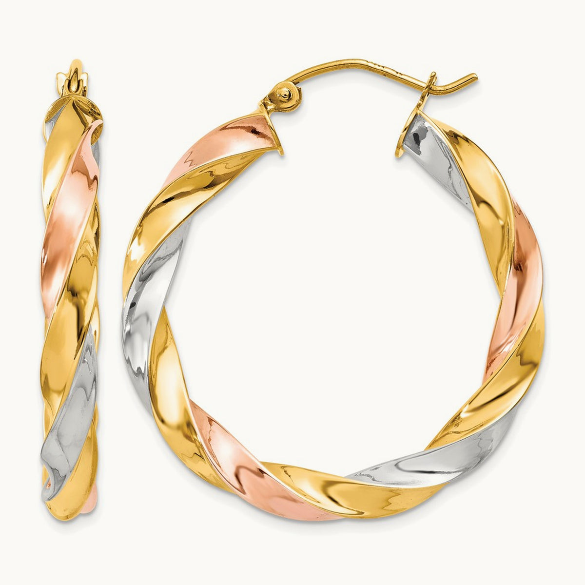 Tri-color Light Twisted Hoop Earrings — 33mm