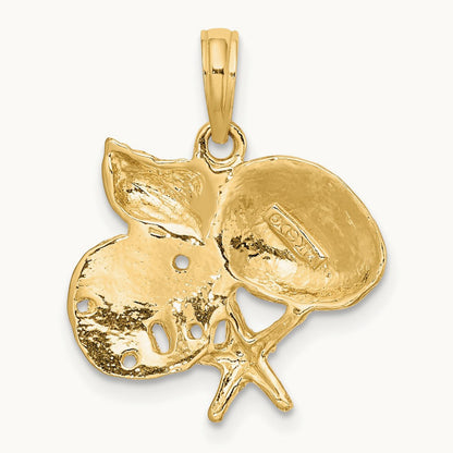 Polished Shell, Starfish and Sand Dollar Cluster Charm, 14K