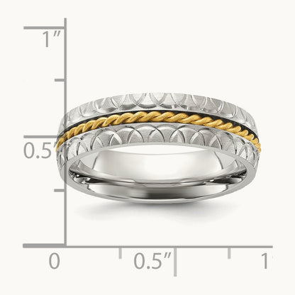 Brushed, Polished and Textured Yellow IP Center Band, 6mm, Stainless Steel