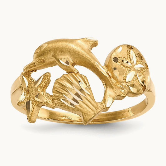 Polished and Satin Diamond-cut Dolphin Starfish Shell Sand Dollar Ring, 14K