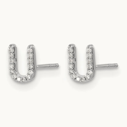 Diamond Initial U Earrings, 14K White Gold