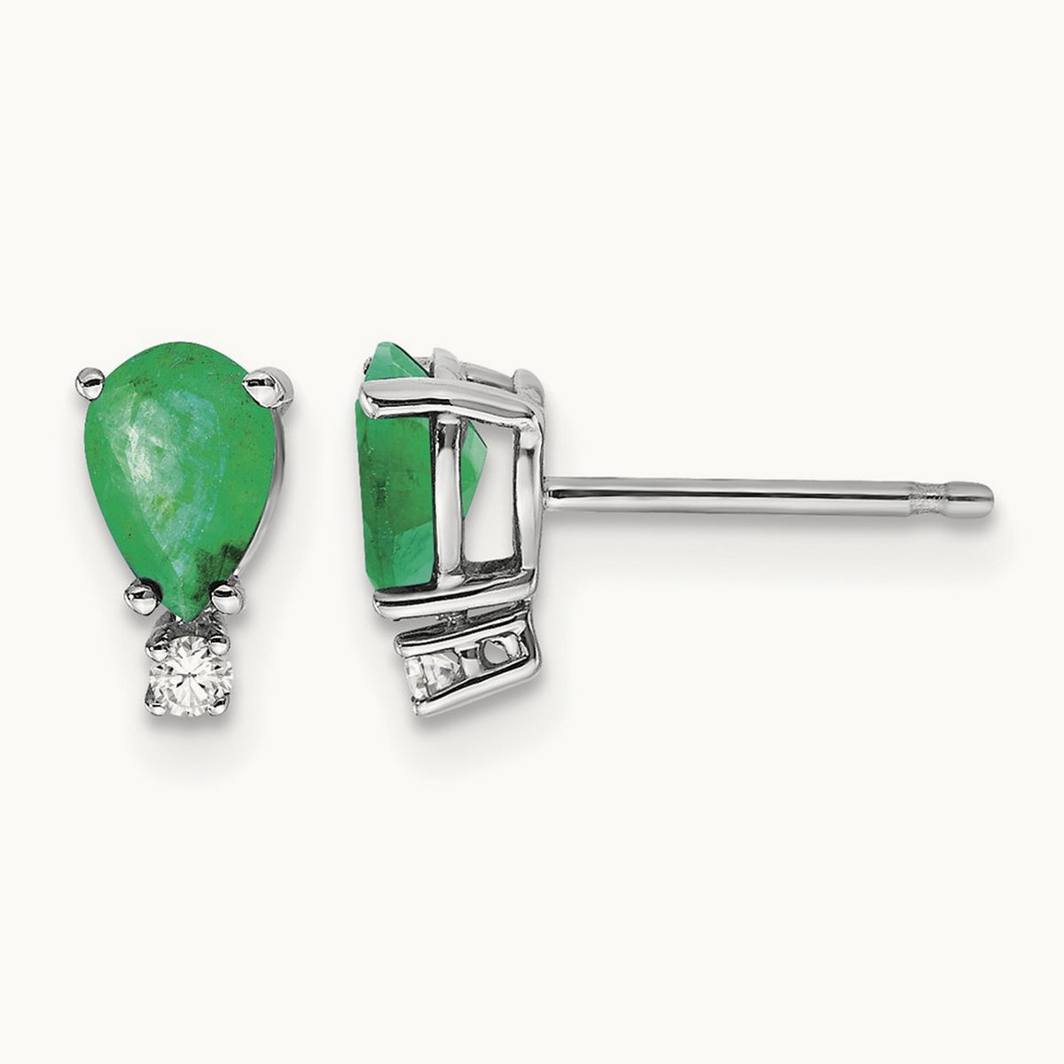 6x4mm Pear Emerald A Diamond Earrings, 14K White Gold