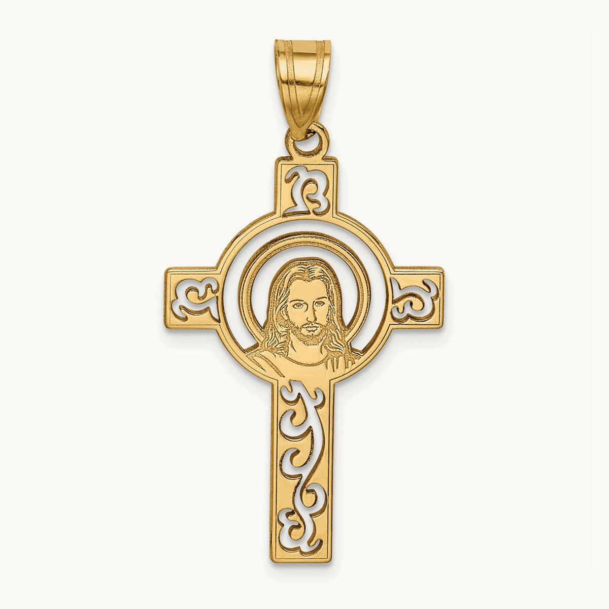 Laser Cut Jesus Face Cross Charm, 14K
