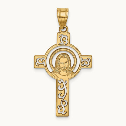 Laser Cut Jesus Face Cross Charm, 14K