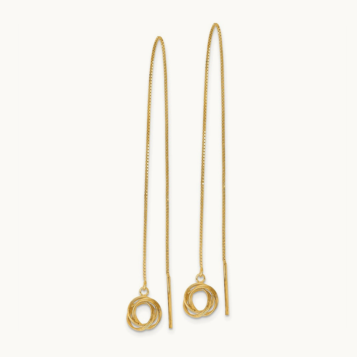 Polished Diamond Cut Box Chain Love Knot Threader Earrings, 14K